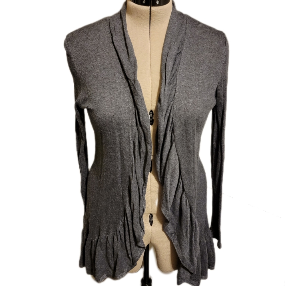 🔖Daisy Fuentes Gray Cardigan Sweater Long Sleeve Ruffle Detail Sz L
